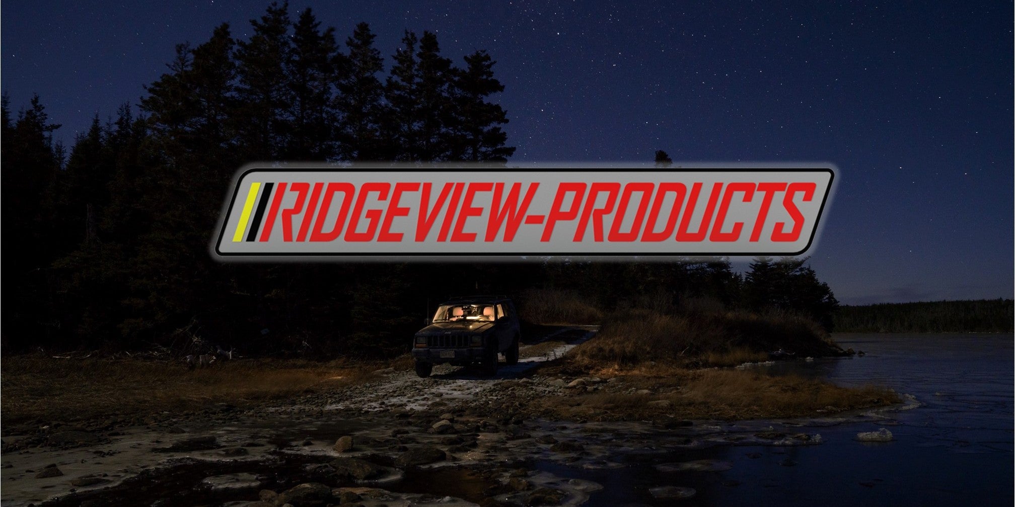 Ridgeview Products logo with a vehicle on a road at night.