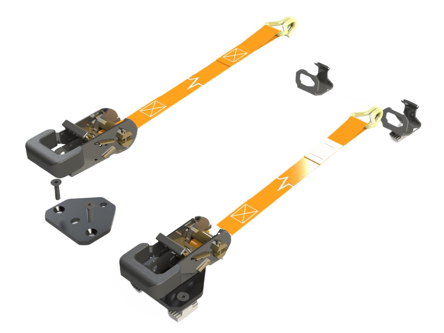 Install these strap brackets to any product that uses ApexOEM's patented rails to quickly secure loads. ApexOEM's ratchet tie downs feature hassle free straps.