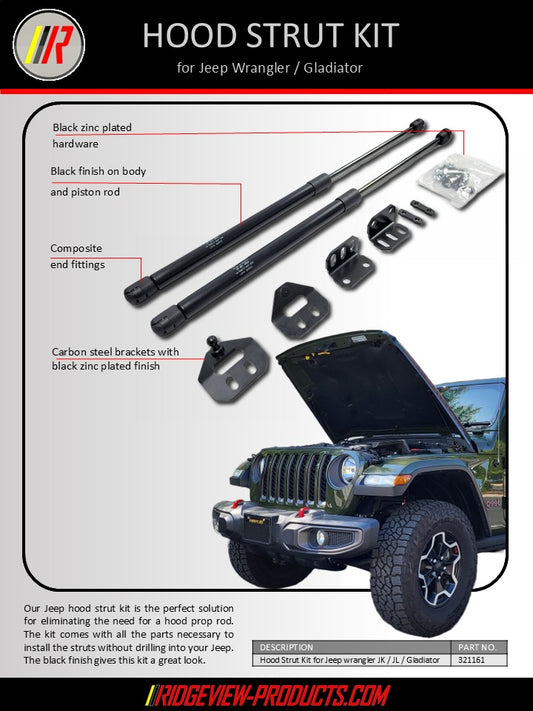 Hood strut kit for Jeep Wrangler/Gladiator with product details and ApexOEM branding.