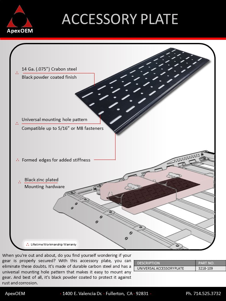 Install this accessory plate to any product that uses ApexOEM's patented rails to create a flat surface with multiple attachment points.