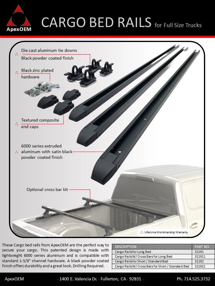 Install these cargo rails to add versatility and attach various accessories to your truck bed. Drilling required.