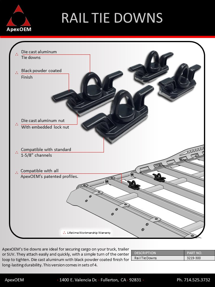 Install these tie downs to any product that uses ApexOEM's patented rails to create a secure tie down point.